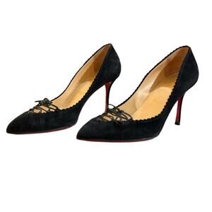 Christian Louboutin Black Suede Lace Up Ribbon Heels Size 39 9W Red Bottom Pumps
